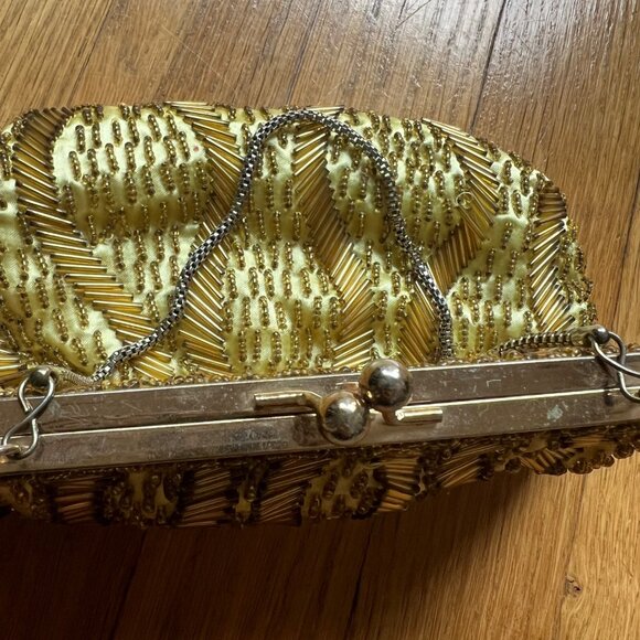 Vintage Gold Beaded Satin Evening Clutch Bag With Chain Strap Kiss Lock Closure - Picture 15 of 15